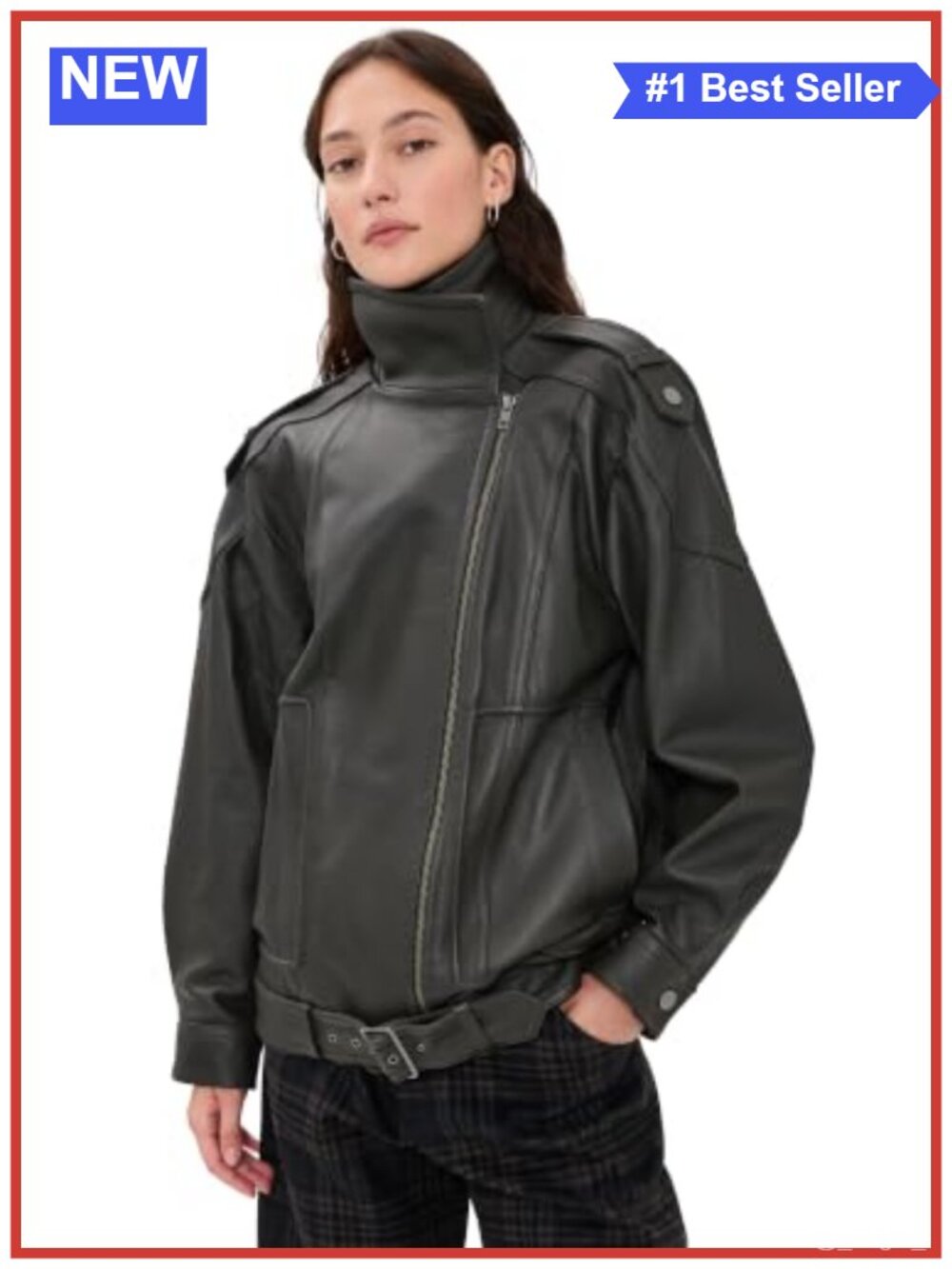 Leather Oversized Biker Jacket Long Sleeve Zip Front Moto